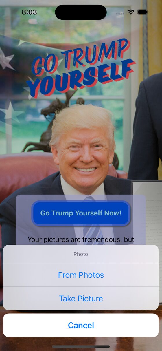 App home screen with the choice to take a picture or pick one from Photos